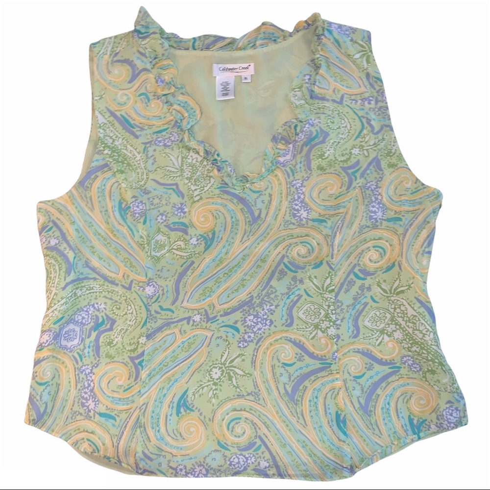 Y2K Pastel Green Yellow Paisley Ruffle V-Neck Tank